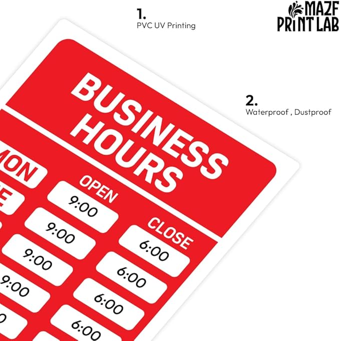 Business Hours Sign – 12×8" PVC Plastic Door/Window Sign | Waterproof, UV-Printed, Easy to Read | Store/Shop Hours Open & Close Time for Retail, Restaurant, Office