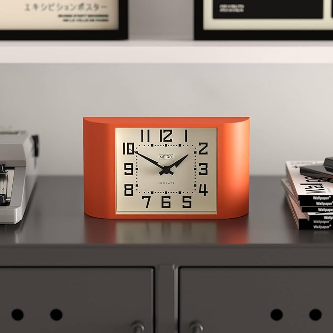 NEWGATE® Mini Metro Desk Clock | Retro Mantel Clock | Orange | Mid Century Style for Desk, Table top, Shelf or Bedside
