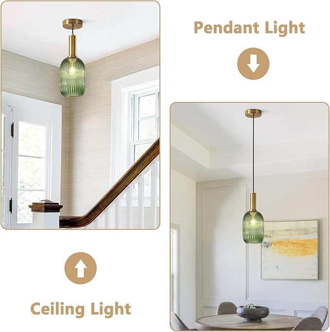 KCO Lighting Green Ribbed Glass Pendant Light Kitchen Island Small Antique Brass Ceiling Pendant Light Mid Century Modern Dining Room Hanging Light Fixture Gold Globe Pendant Lighting