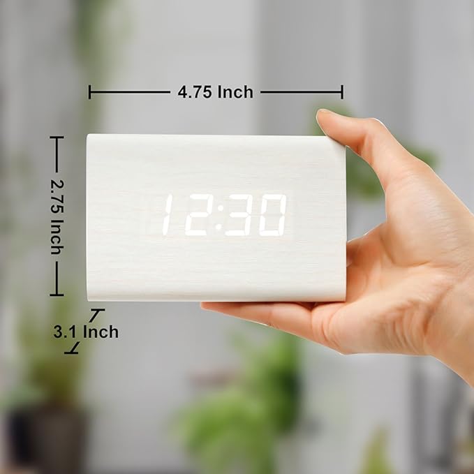 OCT17 Wooden Wood Clock, New Version LED Alarm Digital Desk Clock Adjustable Brightness, Alarm Time, Displays Time Date Temperature - White