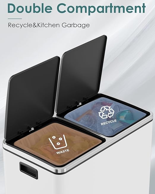 Arlopu Dual Trash Can, 2 x 8 Gallon (2 x 30 L) Hands-Free Trash and Recycle Bin Combo, Stainless Steel Kitchen Garbage Can with Soft-Close Lid, Removable Inner Buckets, Step Pedal, Airtight (White)