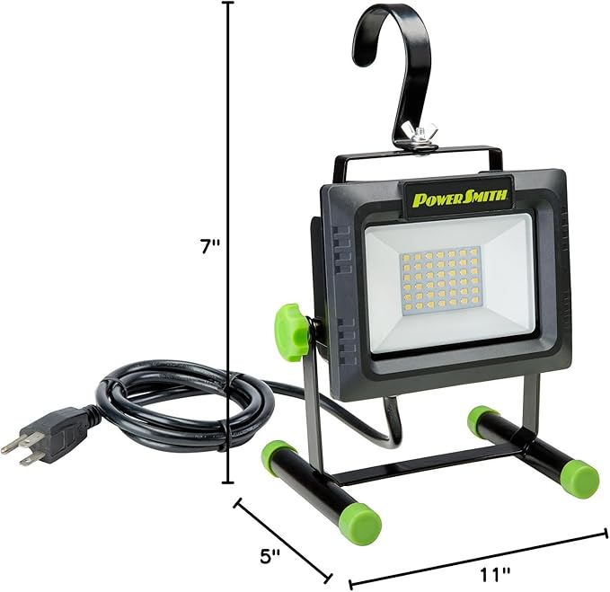 PowerSmith 4000 Lumen Portable LED Work Light with All Metal Stand and Sealed Switch for All Weather Flood Light, 5 Year Warranty (PWLS040H) , Black