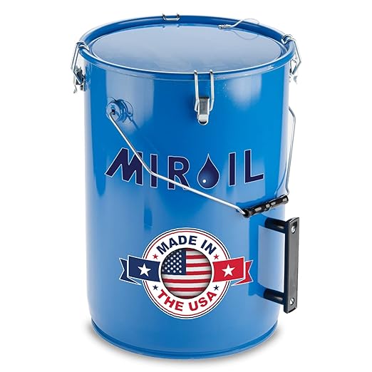 MirOil 6 Gallon Blue Oil Grease Bucket & Filter Pot – Steel Fryer Container w/Lid Lock & Clip, Food Grade Interior Coating - Hot Grease Collection Pot for Disposal Under Drain Valves – Model #30L