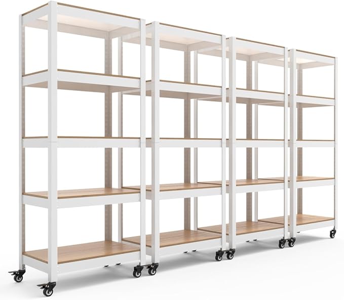 HOMEDANT House 5-Tier Metal Rolling Cart Shelf Rack Casters Heavy Duty Laminated Wheel Shelving Unit Adjustable Utility Storage Shelves Organizer Shelf Kitchen Garage (4, (S) 24.4" W, White)