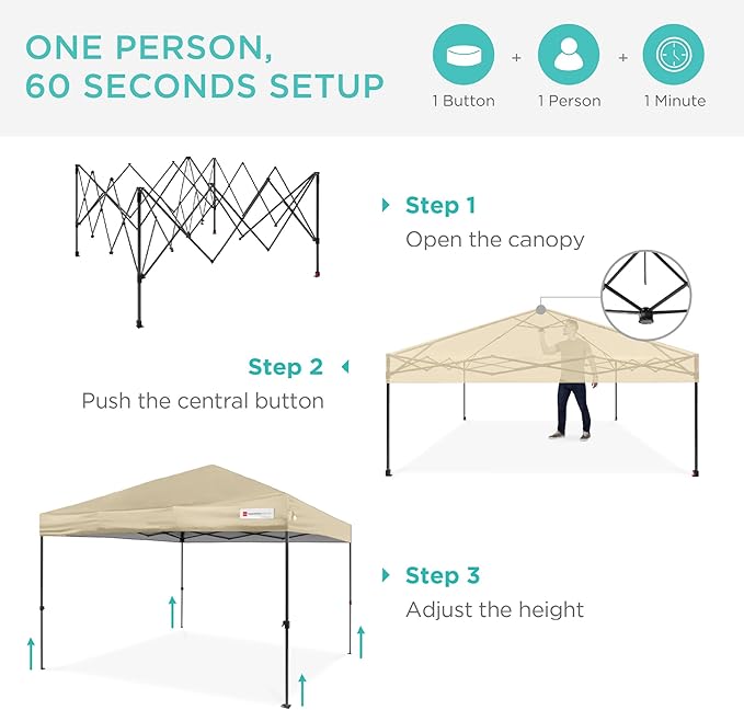 Best Choice Products 10x10ft 1-Person Setup Pop Up Canopy Tent Instant Portable Shelter w/ 1-Button Push, Case, 4 Weight Bags - Sand
