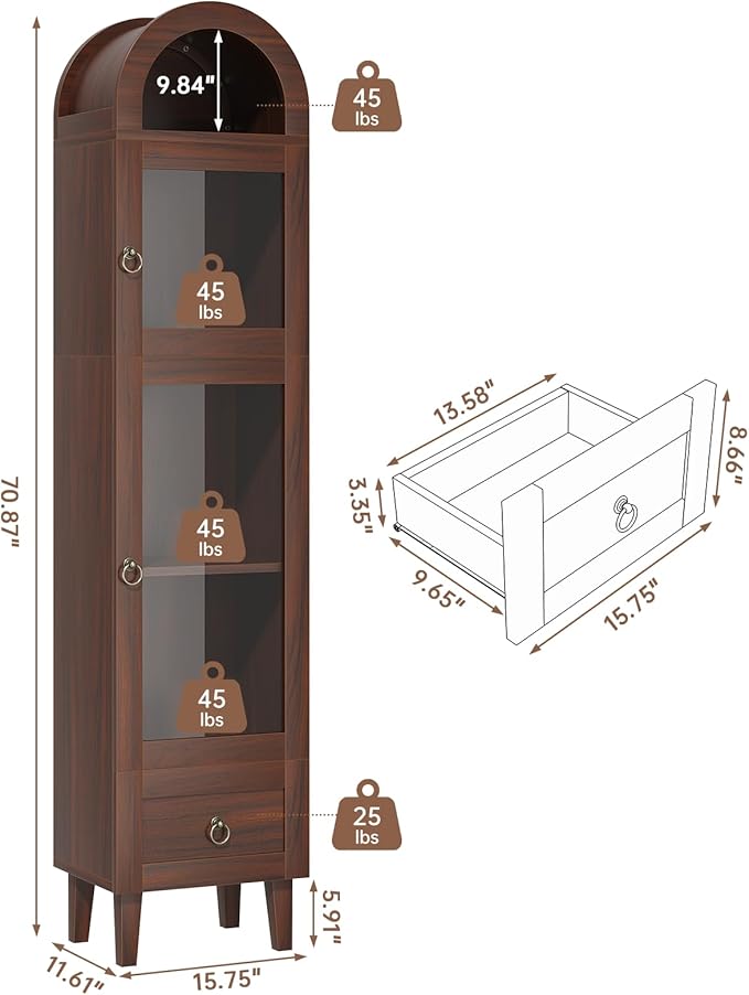 71” Tall Arched Pantry Cabinet with Glass Door, Display Cabinet Organizer with Drawer, Versatile Pantry with Top-Opening Storage Container for Living, Kitchen Dining Room, Brown