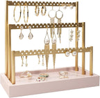 SANY DAYO HOME 3-Tier Earring Holder Organizer Stand, 105 Holes Gold Metal Earring Rack Jewelry Display Tree with Pink Wood Tray for Women and Girls