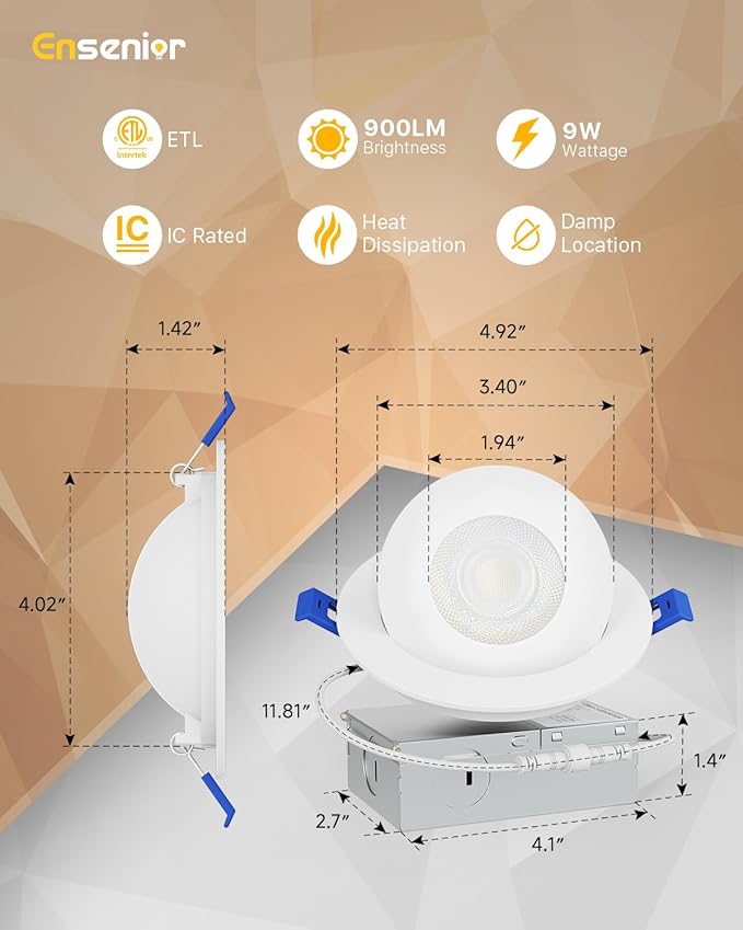 Ensenior 4 Pack 4 inch Gimbal Led Recessed Light with Junction Box, 90° Adjustable Directional Eyeball Lighting, Dimmable, 2700K/3000K/3500K/4000K/5000K, 900LM, 9W=85W-ETL&FCC Certified