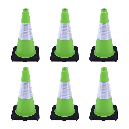 6 Pack 18 Inch Green Reflective Traffic Cones, Durable Black Base Safety Cones for Parking Lots, Sports Fields and Yard Markers (6, Green, 18 Inch)