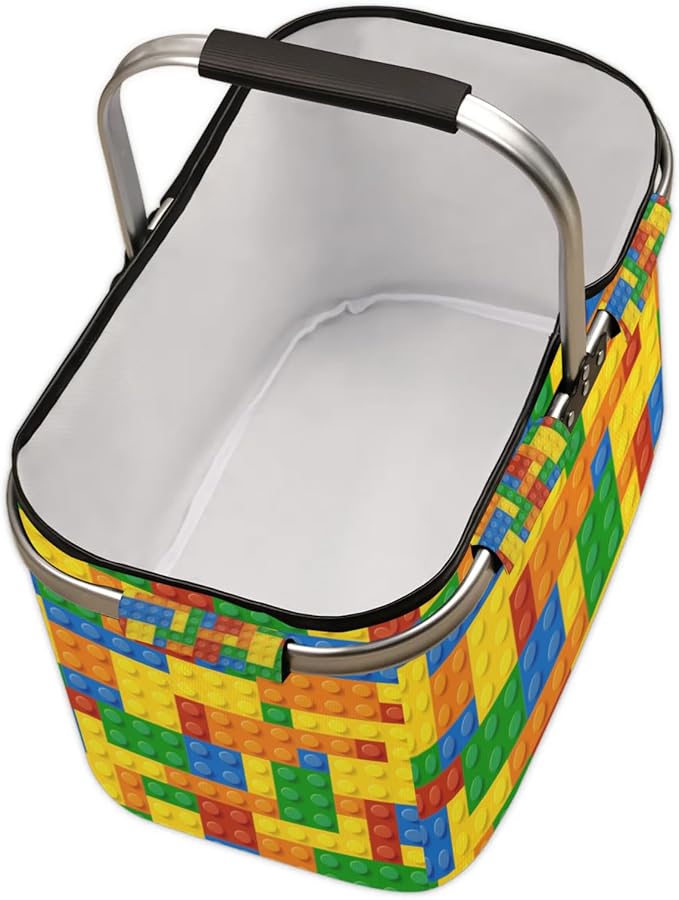 Collapsible Picnic Basket with Handle, Shopping Basket Aluminum Frame, Grocery Baskets Tote for Women, Farmers Market Basket, Harvest Baskets Camping Portable Beach Bag (Colorful Building Blocks)