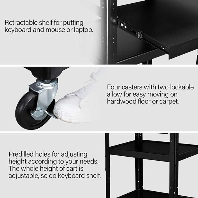 TUFFIOM AV Presentation Cart for Video Projector Laptop Computer, Mobile Workstation Utility Media Cart for School Classroom Office, Rolling Storage Stand with Keyboard Shelf
