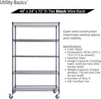 NSF Commercial 5-Tier Wire Shelving with Wheels, 48"x24"x72" Heavy Duty Metal Shelves 4000 lbs Max Capacity, Black Storage Rack for Garage Kitchen Pantry Warehouse
