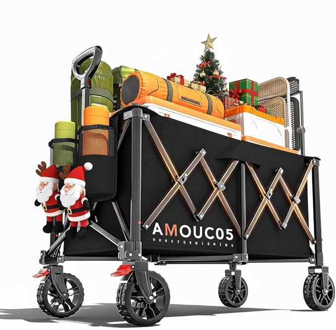 Wagons Carts Foldable, 350LBS Collapsible Wagon with 360° Rotating Wheels, Brakes, and Side Pocket, Large Capacity 160L Wagon Cart for Shopping, Park, Camping and Outdoor Use