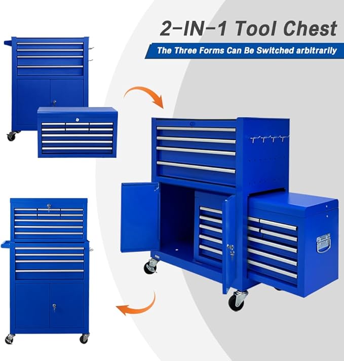 13-Drawer Rolling Tool Chest with Double Door, Extra Large Storage Cabinets with Tool Box, 2-in-1 Detachable Design, 600 lbs Capacity with Lockable Wheels for Garage, Mechanic & Home Use (Blue)