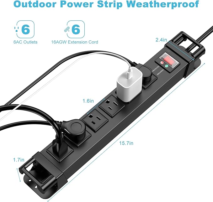 IPX6 Outdoor Power Strip Weatherproof,6 Outlet Metal Surge Protector Wall Mountable for Camping,Garden & Home,Heavy Duty 6FT ETL Certified Waterproof Extension Cord