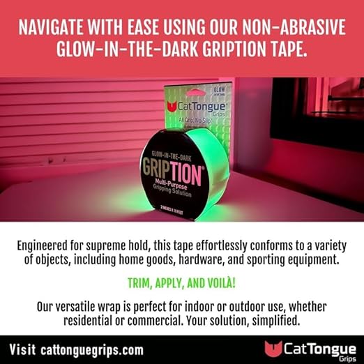 CATTONGUE GRIPS Non-Abrasive Grip Tape Wrap - 2” Thick Heavy-Duty, Waterproof Anti-Slip Tape for Wrapping Tools, Bats, Gym Equipment - Indoor & Outdoor Anti-Slip Solution (Glow in The Dark, 2-Pack)