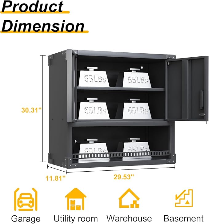 Metal Wall Mounted Cabinet with Locking Doors, Open Shelf, Adjustable Hanging Garage Storage Cabinet, Floating Upper Tool Cabinets for Shop, Kitchen, Bathroom (Black, 30''W x 12''D x 30''H)