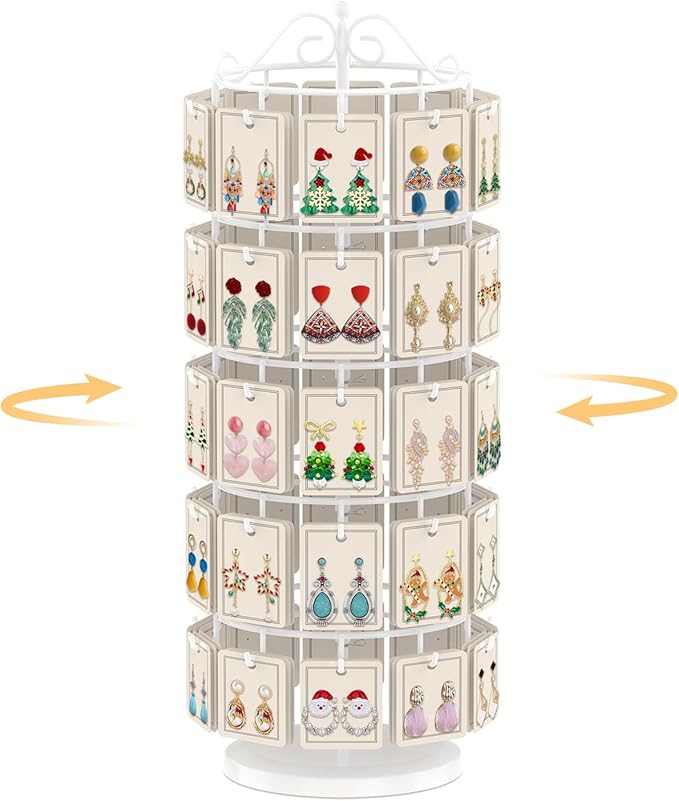 EsLuker.ly Earring Holder Organizer Rotating Display Tree Stand, Adjustable Height Earring Card Hanger Rack with 50 Hooks for Vendors Market Selling, 5 Tier Metal Jewelry Storage Tower, White