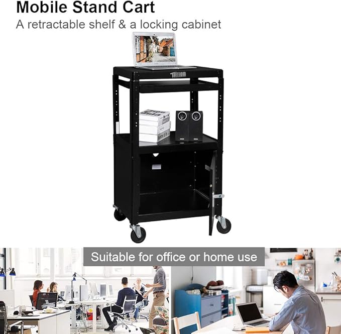 TUFFIOM AV Presentation Cart for Video Projector, Laptop Computer, Mobile Workstation Utility Media Cart for School Classroom Office, Rolling Storage Stand with Locking Cabinet Keyboard Shelf