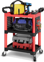 Auto Dynasty 3-Level Rolling Cart Trolley Storage Detailing Cart with Cup Holders Pegboard 120 kg/260 Lbs Capacity on Wheels Fits Garage, Warehouse, Home and Workshop, Black/Red
