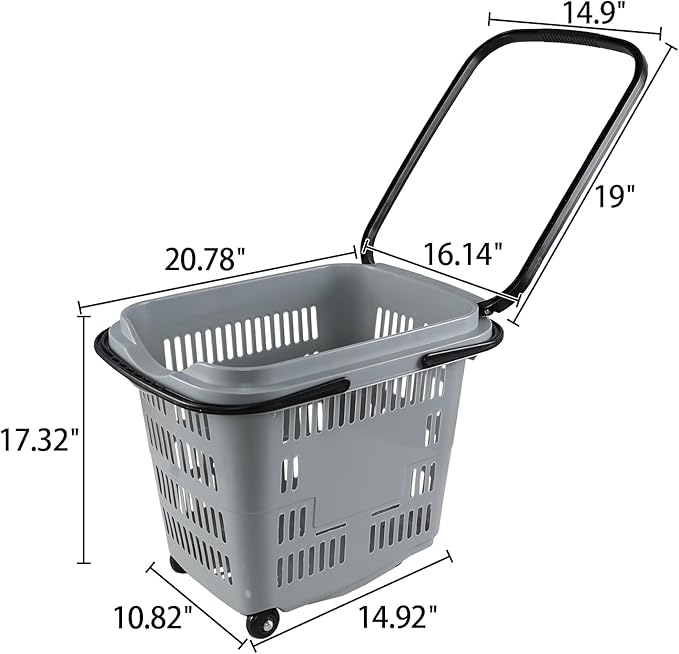 Teyyvn 4 PCS 50L Plastic Rolling Shopping Basket with Handle, Rolling Shopping Basket for Supermarkets and Retail Stores, Grey