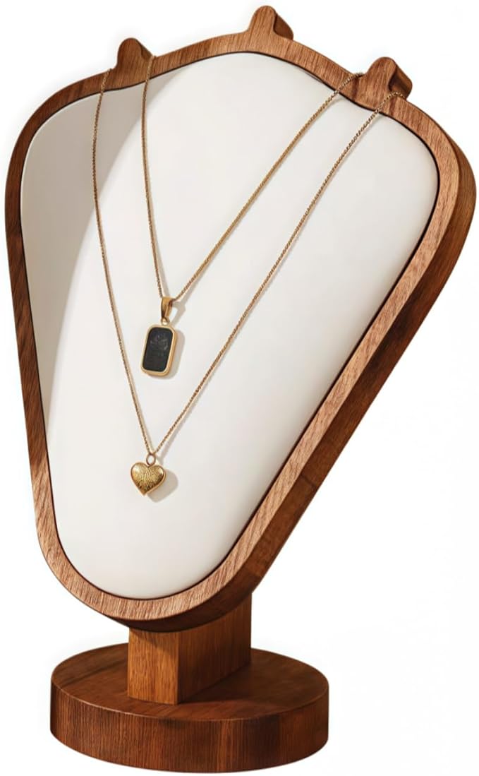 Walnut Color Body Wood Necklace Display Stand with White Leather Soft Mat Necklace Holder Organizer Desktop Stand for Home Store Dresser-3.3"x5.8"x8.4"
