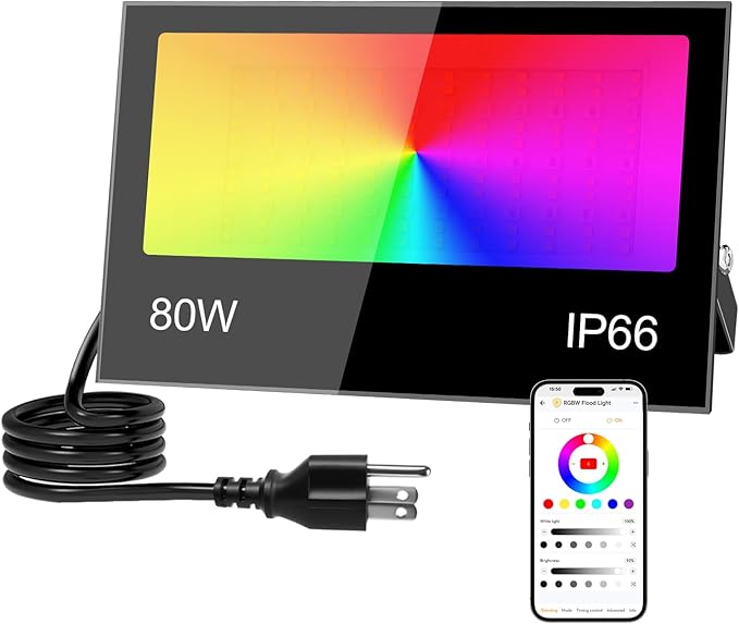 LED Flood Light Outdoor 80W, 800W Equivalent 8000LM Color Changing Stage Spotlight with APP Control, DIY Scenes - Timing - Warm White 2700K - Smart RGB Landscape Uplight, 43 Modes, IP66 Waterproof