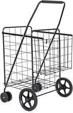 Folding Shopping Cart, Jumbo Grocery Cart with Double Baskets, 360° Swivel Wheels, Heavy Duty Utility Cart, 132 LBS Large Capacity Utility Cart for Groceries Laundry Book Luggage, Black