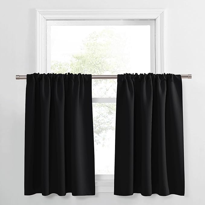 PONY DANCE Short Length Curtains for Kitchen, Solid Half Window Curtain Tiers for Bathroom Energy Saving Privacy Shade for RV Camper, Width 34 x Length 24 inches,Black, 2 Pieces
