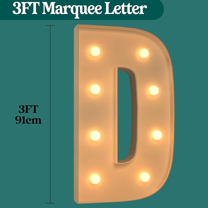 Marquee Letters 3 Feet Tall, 3FT Large Light up Letters D, Big Sign D with Warm White Light for Birthday Wedding Proposal Engagement Graduation Party Backdrop Decorations