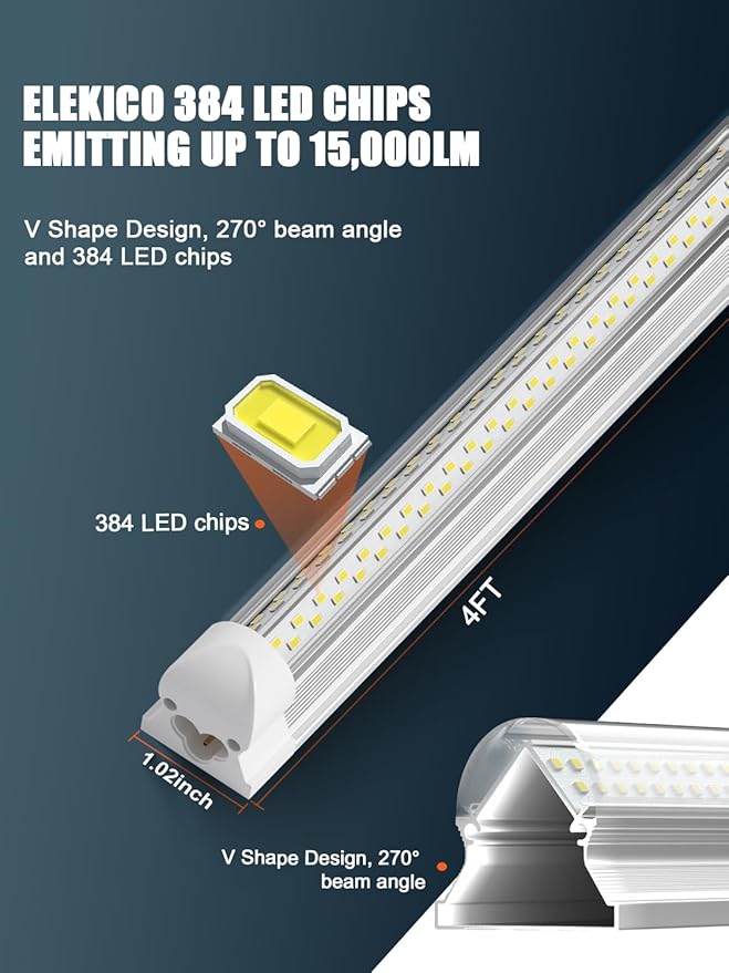 Super Bright 50w 7200lm 5000k V Shape 4ft Led Shop Lights for Workshop 4ft, 4' Linkable 4 Foot Led Shop Lights with Plug in Power Cable On/Off Switch for Garage Basement Warehouse