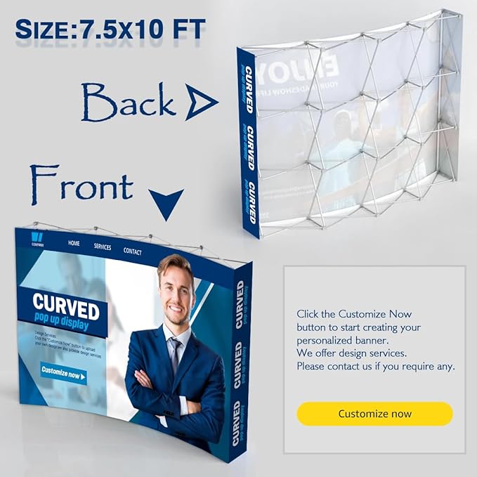 Custom Curved Pop Up Displays Trade Show Backdrop 7.5x10 FT Tension Fabric HD Banner Printing Banner Pop-up Display Stand Trade Show Booth Display for Business Corporate Wedding Mall