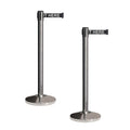 CCW Set of 2 Retractable Belt Barriers Stanchion, Polished Stainless Steel Post, RBB-100 (7.5 Foot Belt, Black"Please Wait HERE" White Letters Belt)