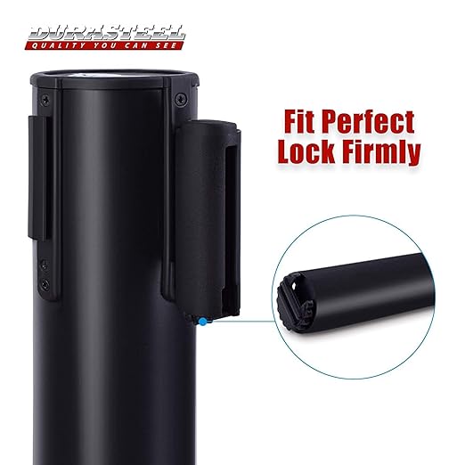 DuraSteel Black Crowd Control Barriers Stanchions with Retractable Belts - Metal Stanchion Posts w/ 6.5ft Black Retractable Barrier Belt Ropes - Queue VIP Safety Line Dividers - Set of 6 Stantions