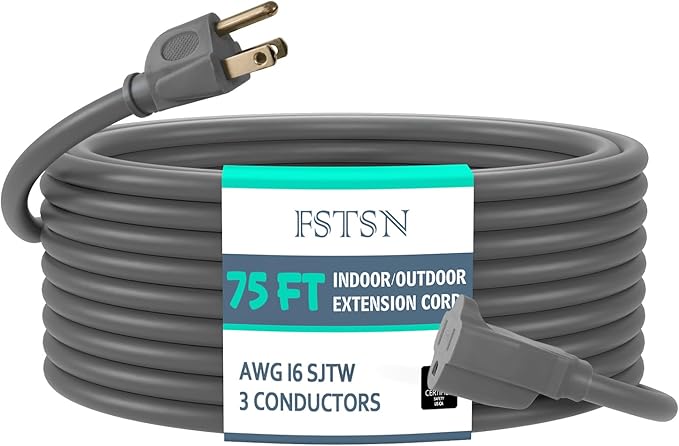 75Ft Heavy Duty Indoor Outdoor Extension Cord - 16/3 SJTW Waterproof Power Cable with 3 Prong Grounded Plug, Grey - Durable, Weather Resistant, for Home, Garden, and Worksite Use