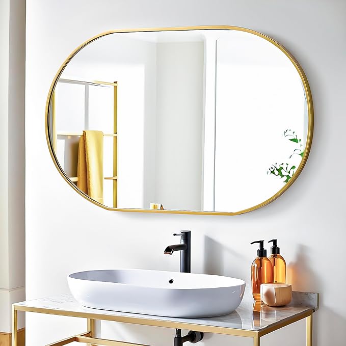 36x24 Mirror Runway Oval Wall Mounted Aluminum Alloy Metal Frame Rectangle Mirrors for Entryway Bedroom Bathroom Living Room 36 24 inch Gold