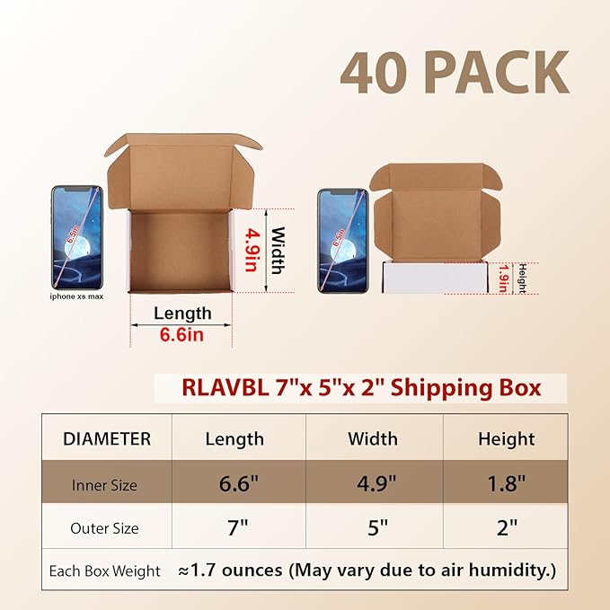 RLAVBL 7x5x2 Small Shipping Boxes Set of 40, White Corrugated Cardboard Mailer Box for Packing, Mailing, Business