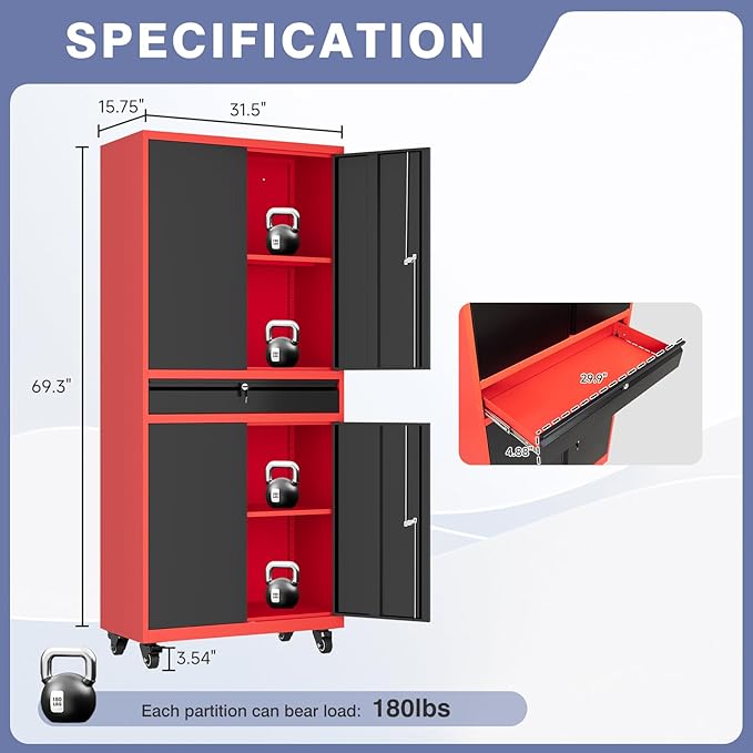 73" Metal Garage Storage Cabinet with Wheels， Rolling Tool Storage with Locking Doors， Adjustable Shelves and Drawer, Heavy Duty Steel Tool Cabinet for Garage, Warehouse, School(Red Black)