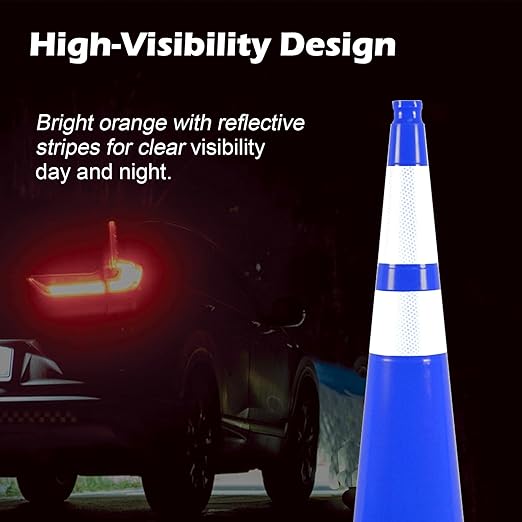 4 Pack 36 Inch Blue Traffic Cones Black Base, Tall Durable Safety Cones for Driveway Control, Event Organization, Construction Zones (4, Blue, 36 Inch)