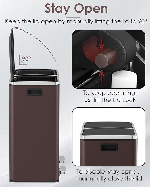Arlopu Dual Trash Can, 2 x 8 Gallon (2 x 30 L) Hands-Free Trash and Recycle Bin Combo, Stainless Steel Kitchen Garbage Can with Soft-Close Lid, Removable Inner Buckets, Step Pedal, Airtight (Brown)
