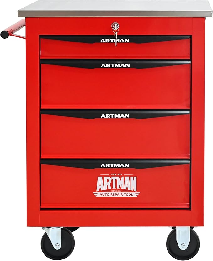4 Drawer Rolling Tool Chest with Locker, 22.2" D Metal Movable Lockable Tool Cart Box Multi-Functional Hardware Storage Cabinet Box for Warehouse Basement Home Pantry Garage