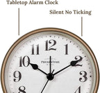 Presentime & Co 4" Vintage Tabletop Alarm Mantel Clock, Desk and Shelf Clock, Silent no Ticking, Rustic Grey Oak and Antique Gold Finish. Tabletop Décor, Home Décor, Farmhouse Décor.