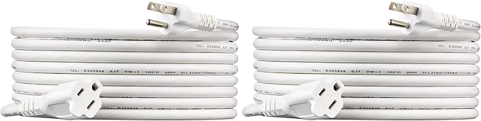 Amazon Basics Extension Cord, 13 Amps, 125V, 15 Foot, White - Pack of 2
