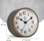 Presentime & Co 4" Vintage Tabletop Alarm Mantel Clock, Desk and Shelf Clock, Silent no Ticking, Rustic Grey Oak and Antique Gold Finish. Tabletop Décor, Home Décor, Farmhouse Décor.