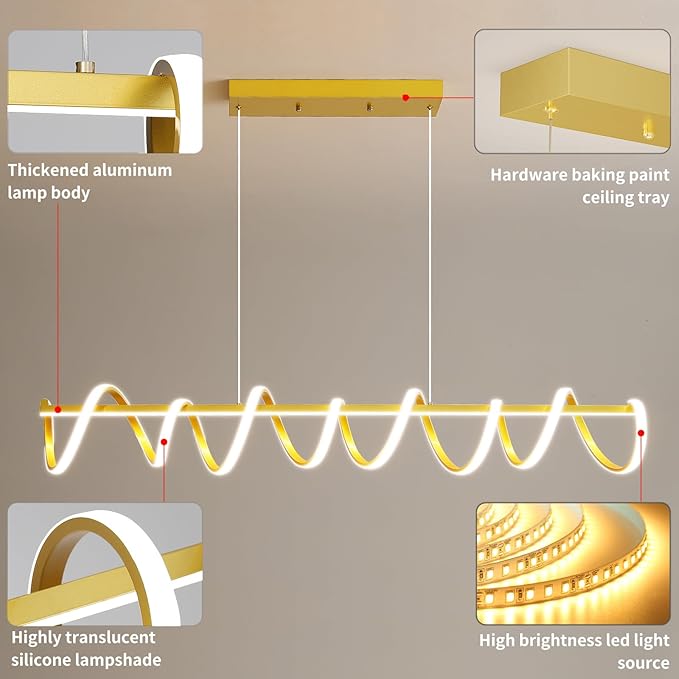 Modern Design Dimmable Desk Linear Pendant Light, with Remote Control Dimmable 3 Color Mode & Brightness Ceiling Lamp, Anti-Flicker Dining Light Fixture for Kitchen（47IN，Gold）