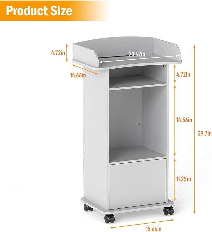 Podium Stand Portable,Mobile Pulpit Podium with Lockable Wheels,Wooden Hostess Stand Reception Desk with Adjustable Shelf and Storage Cabinet for Churches Conference School