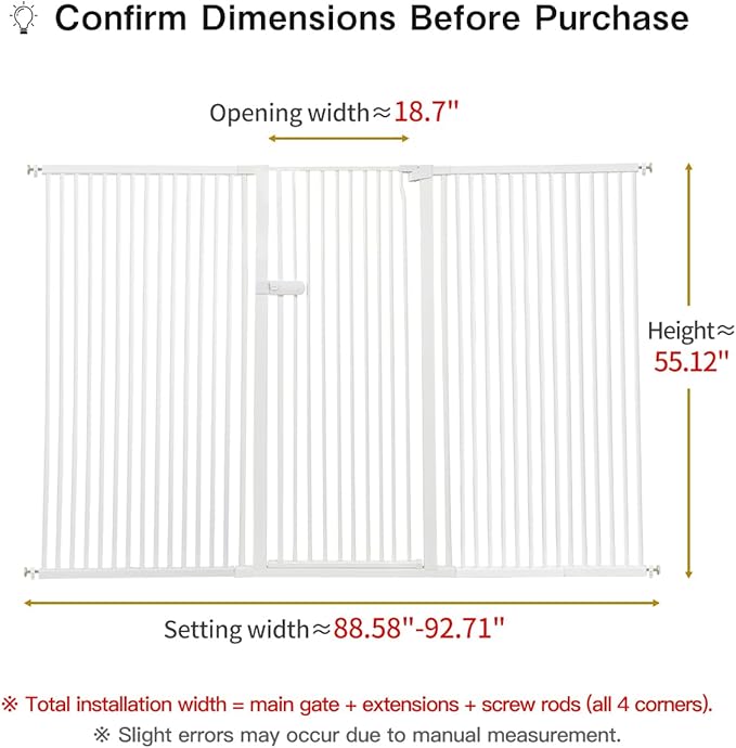 Lumizone Extra Tall Cat Gate 55.12" High Pressure Mounted Extra Wide 2025 New (17 Sizes) 1.37" Gap No Drilling Auto-Close One-Handed Operation Tall Pet Gate for Dogs(White, 55.12" H x 88.58"-92.71" W)