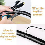 Computer Cable Sleeve Cord Management Organizer Large Black Wire Wrap Tube Under Desk Cord Covers Protectors Pets Chew Proof (1.1 inch and 7/8 inch) 5 Feet Long, TV Office Wire Wrap Solutions