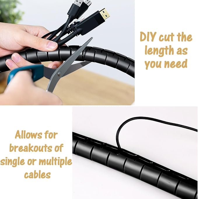 Computer Cable Sleeve Cord Management Organizer Large Black Wire Wrap Tube Under Desk Cord Covers Protectors Pets Chew Proof (1.1 inch and 7/8 inch) 5 Feet Long, TV Office Wire Wrap Solutions