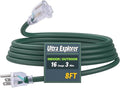 8 Ft Indoor Outdoor Green Extension Cord, 16/3 Heavy Duty Extension Cable, 3 Prong Grounded Plug with Lighted End for Appliance and Lawn, 13A, UL Listed